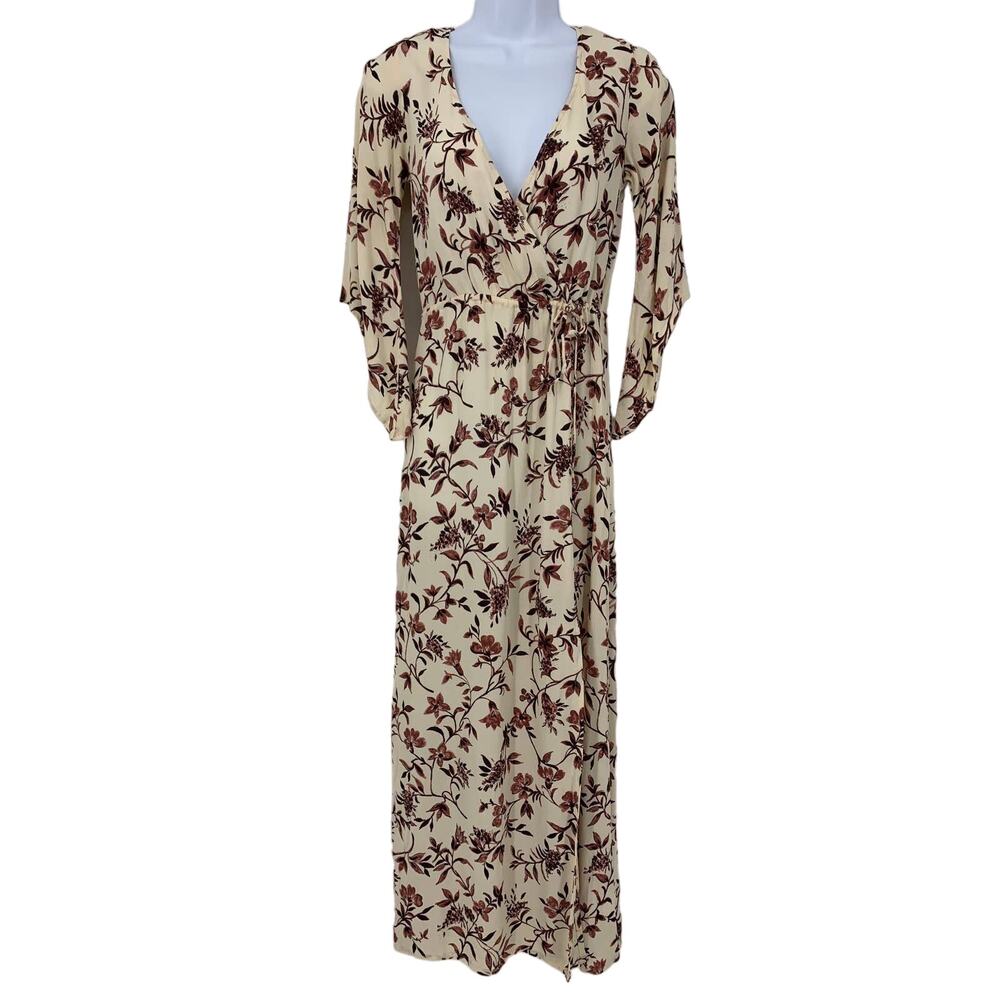 Stevie Sister Floral Surplice V Neck Maxi Dress Sz XS Ivory Burgundy Retro Boho